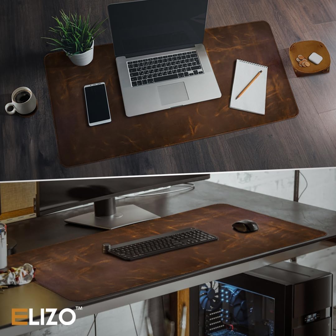 Elizo Real Leather Desk Mat Set (32x16) Large Desk Cover Desk Blotter Protector Computer Gaming Mouse Pad Table Laptop Office Desktop Accessories