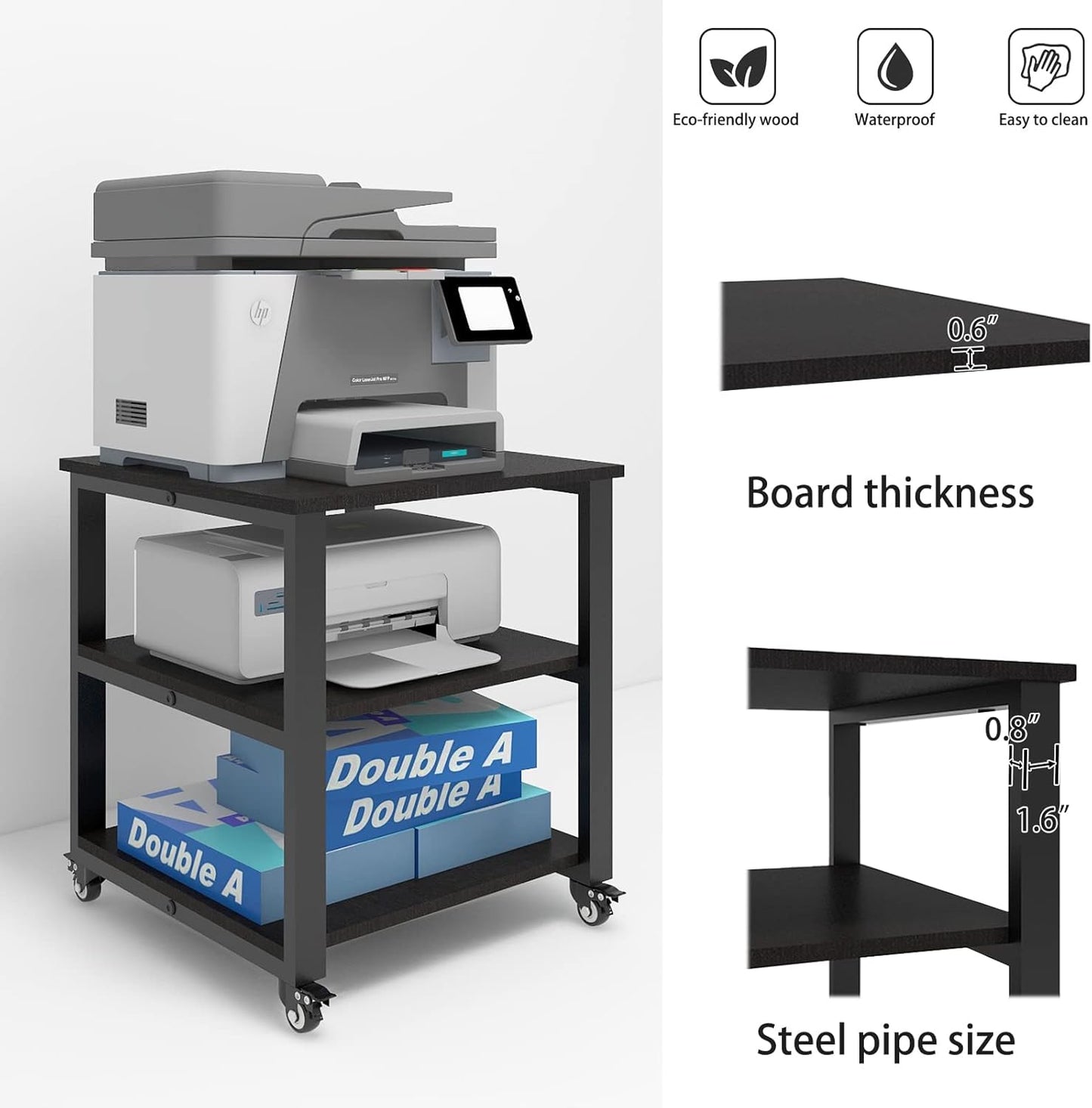 Natwind 3-Tier Laser Printer Cart,19.7''x19.7''x22.6'' Large Machine Stand,Heavy Duty Rolling Table with Storage,Floor-Standing Rack on Wheels,Paper File Organizer Shelf for Home Office (Black)