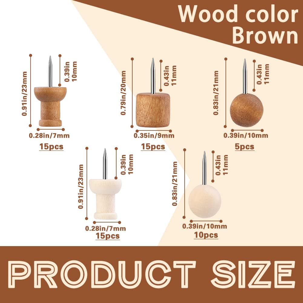 60 Pcs Wood Push Pins, 2 Colors and 5 Types Decorative Thumb Tacks Wooden Head Pin Map Tacks Marking Pin, Wood Thumb Tacks Decorative for Bulletin Boards Craft Projects with Storage Box