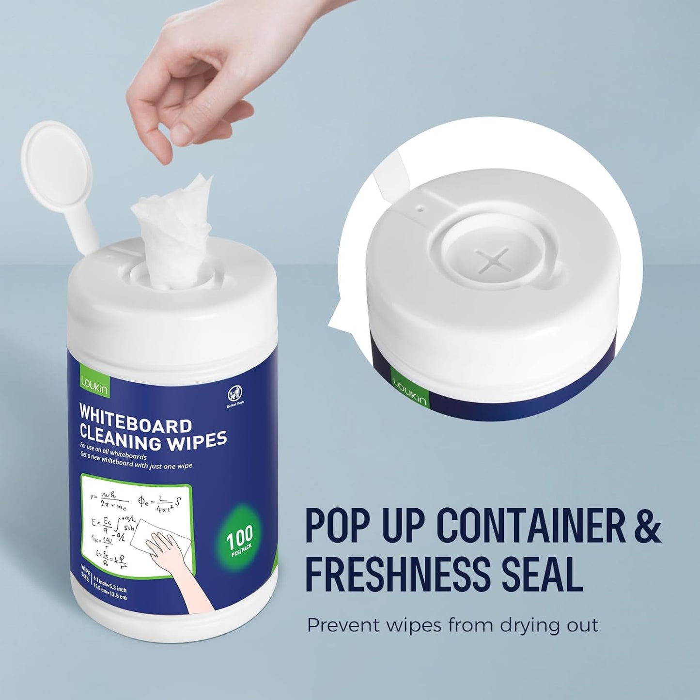 Loukin Whiteboard Cleaning Wipes, Dry Erase Board Cleaning Wipes, Non-toxic White board Wipes, 100 Wipes per Canister, 6 Pack