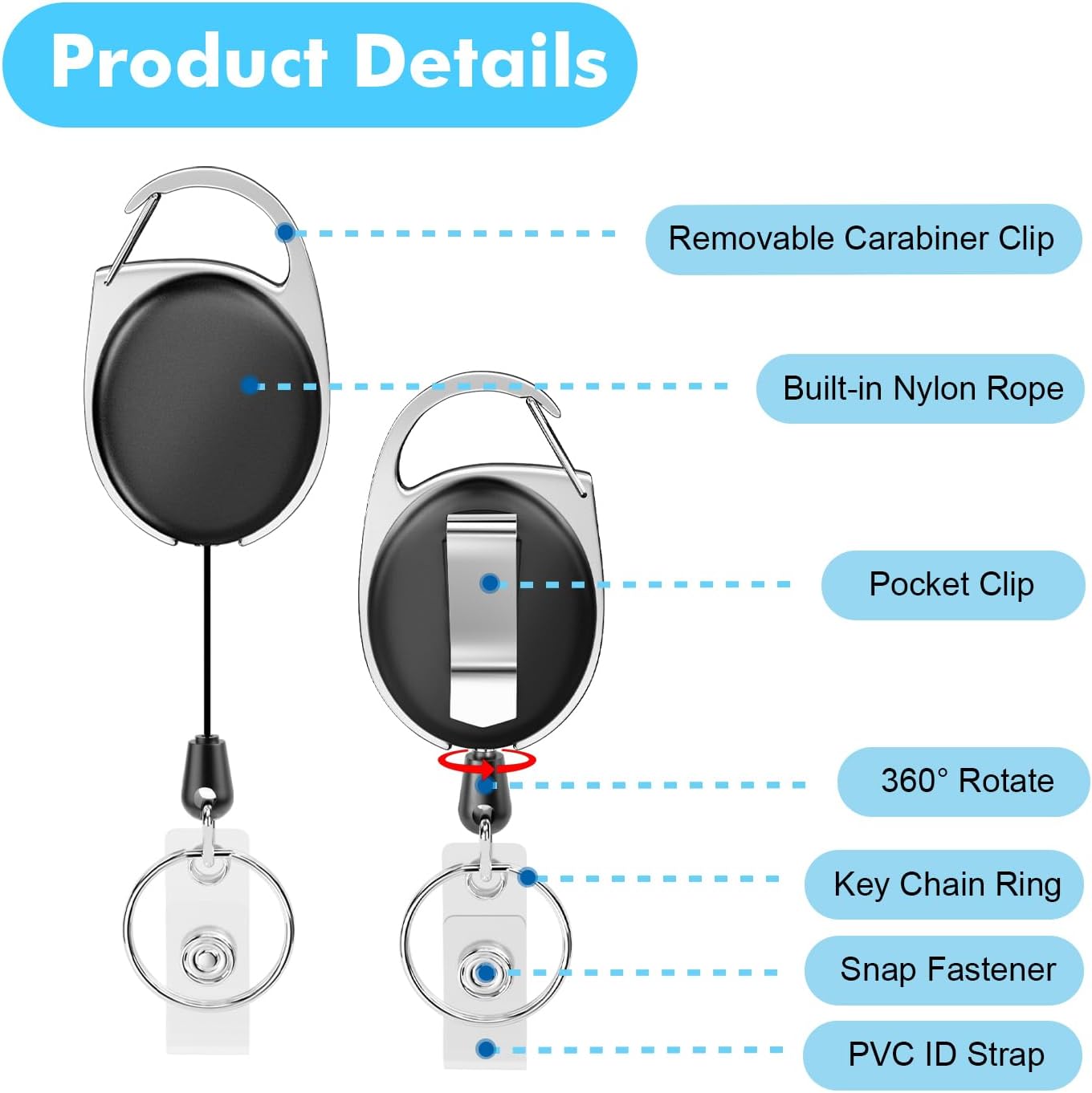 Retractable Badge Holder with Carabiner Reel Clip and Key Ring for ID Card Key Keychain Holders Black 30 Pieces
