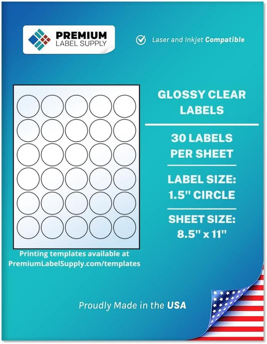 Premium Label Supply Glossy Clear Sticker Round Labels – 1.5" Circle – Laser/Inkjet Compatible – (30 per Sheet) – 30,000 Total Adhesive Labels