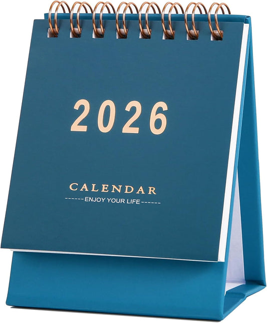 Mini Desk Calendar 2025-2026 - Runs From July 2025 until Dec 2026, 18-Month Small Desktop Calendar 250gsm Thick Paper Twin-Wire Binding for Home or Office (Blue)