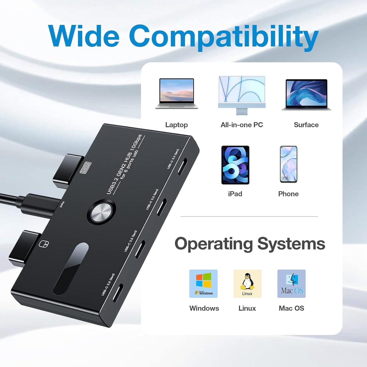 10Gbps USB C Hub, 6 Ports USB C Splitter, USB C to USB C Hub for PC, Laptop, MacBook Pro/Air, iMac, Surface Pro, Chromebook, Etc(HUB ONLY, Not Support Charging/Monitor)