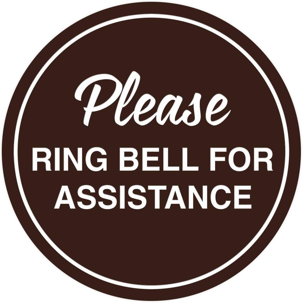 Signs ByLITA Circle Please Ring Bell For Assistance Wall or Door Sign | Easy Installation | Front Desk Reception Sign (Dark Brown) - X-large (10 Pack)