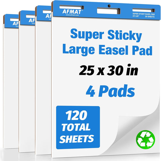 AFMAT Sticky Easel Pads, 25 in x 30 in Flip Chart Paper for Teachers, Ink Bleed-Through Resistant Easel Paper for Office/Classroom/Whiteboard/Wall/Windows, 30 Sheets/Pad, 4 Pads