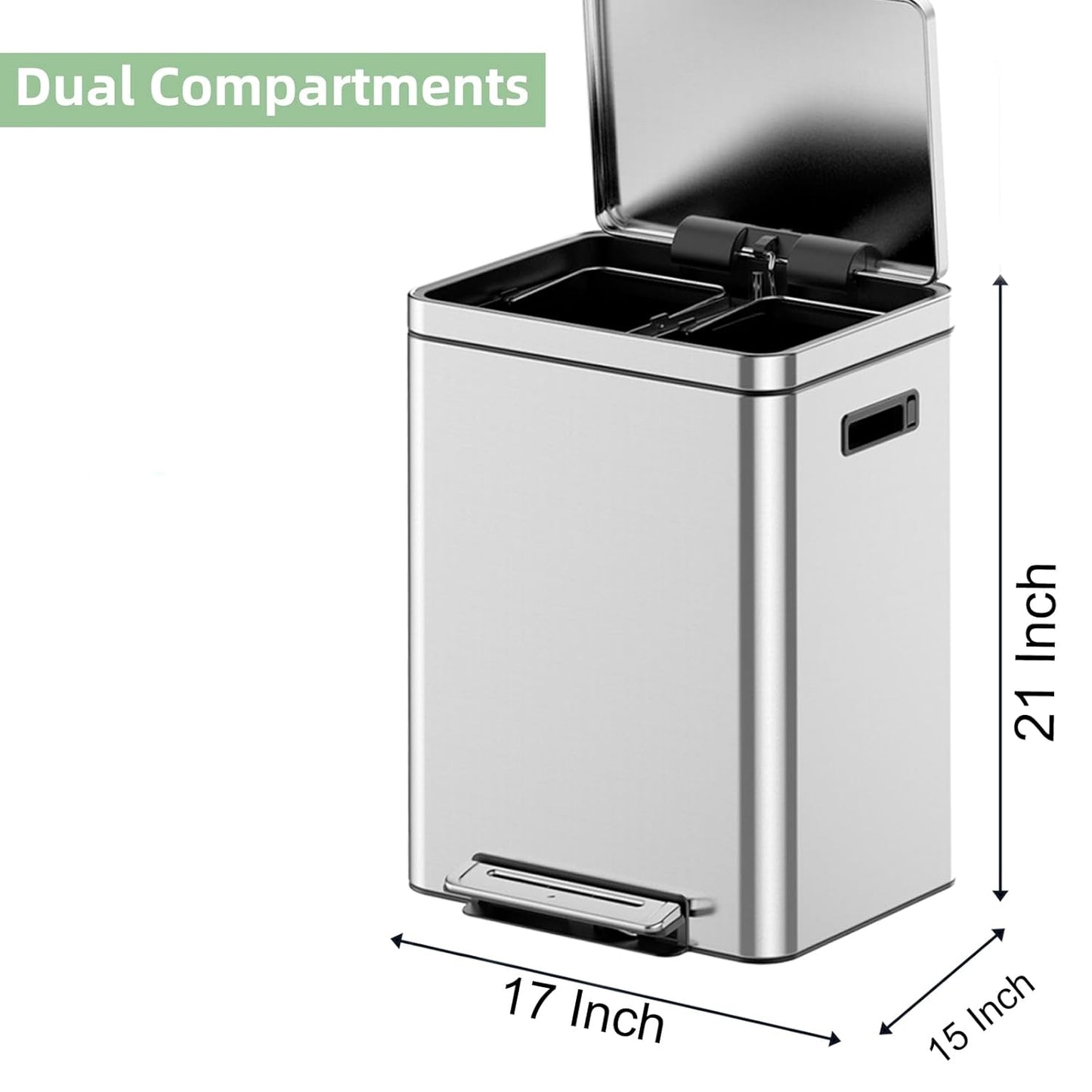 Kitchen Trash Can, 2 x 4.75 Gal (2 x 18L) Dual Trash Can with Recycle Bin, Stainless Steel Garbage Can, Fingerprint-Resistant Soft-Close Dual Recycling Bins for Kitchen