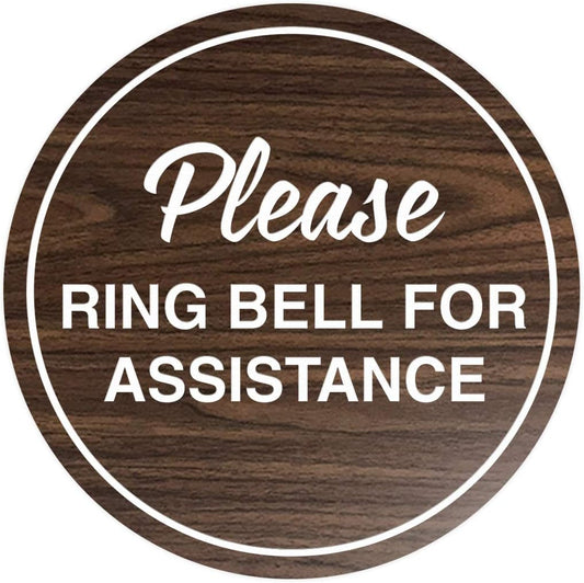 Signs ByLITA Circle Please Ring Bell For Assistance Wall or Door Sign | Easy Installation | Front Desk Reception Sign (Walnut) - Small (10 Pack)