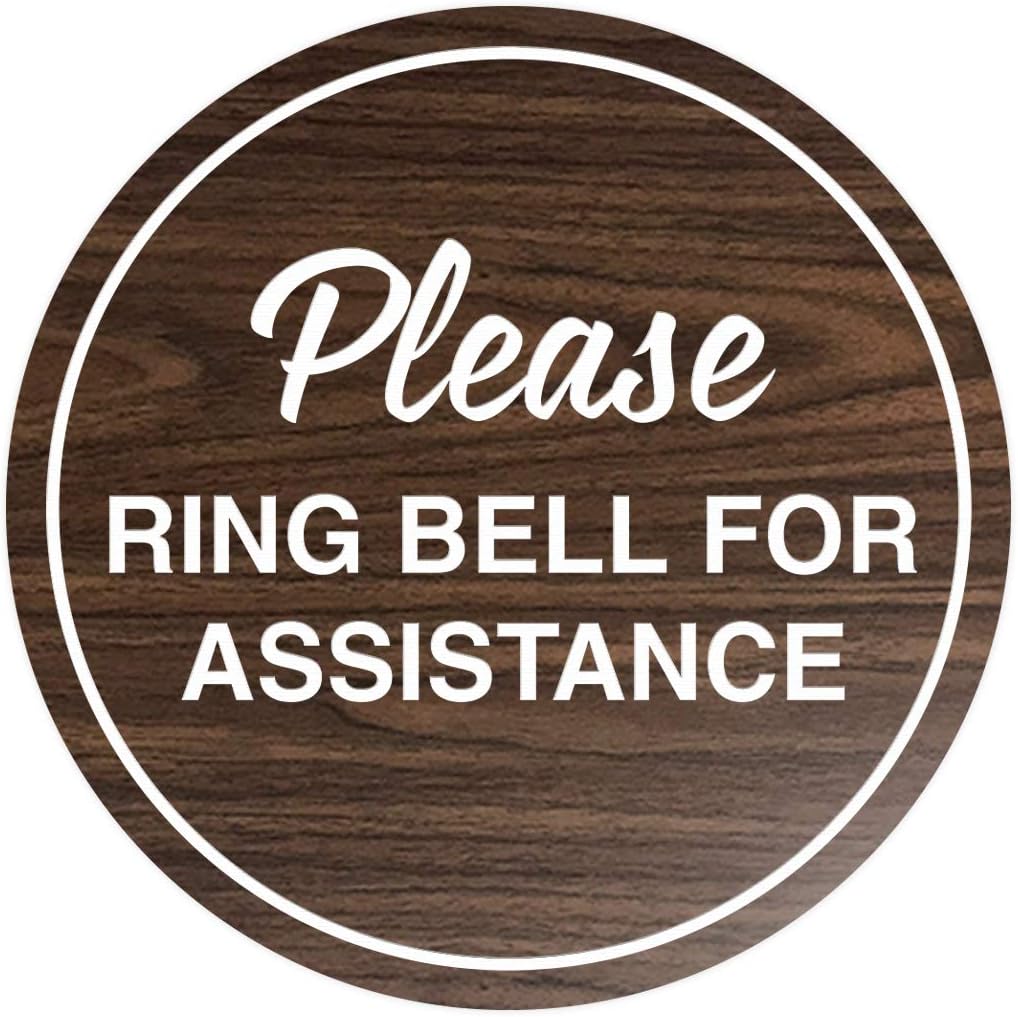 Signs ByLITA Circle Please Ring Bell For Assistance Wall or Door Sign | Easy Installation | Front Desk Reception Sign (Walnut) - Large (5 Pack)