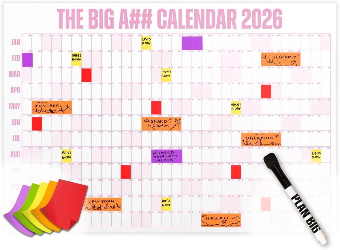 The Big A## Calendar Yearly Wall Planner – January to December Dry-Erase – Includes 1 Marker & 100 Labels – Lightweight, Easy to Hang Yearly Planner – Plan Goals & Adventures – Pink, 4’x3’