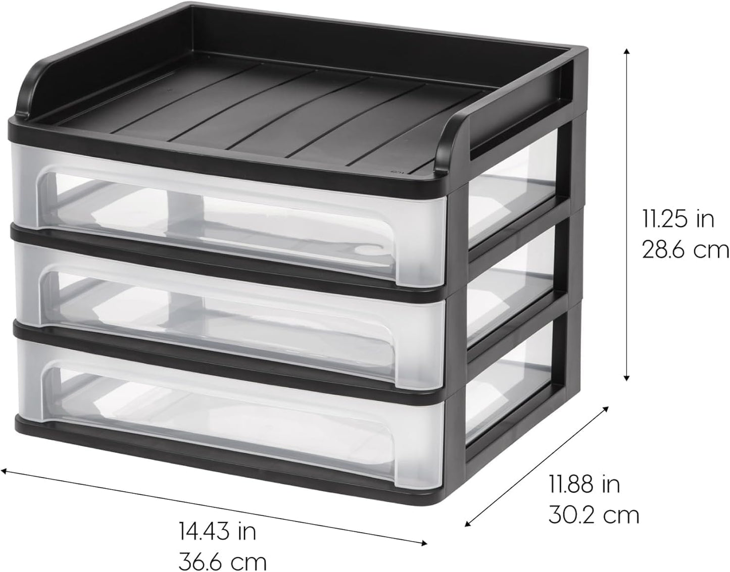 IRIS USA Plastic Desk Top 3-Drawer Storage Organizer with Paper Tray Top, 1-Pack, for Makeup Vanity Nail Polish Bathroom Stationery Art Craft Supplies Kitchen Office Garage Organization, Medium, Black