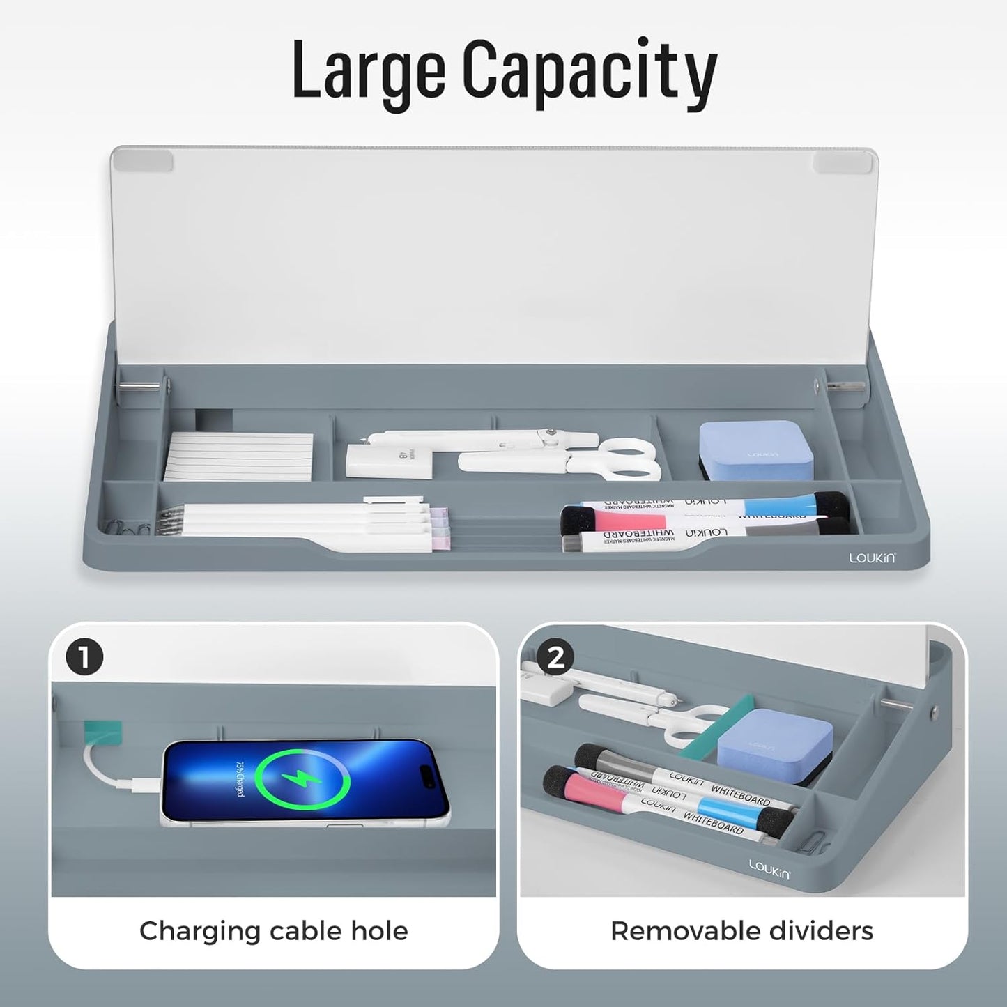 LOUKIN Glass Desktop Whiteboard, 15.3" x 5.6" Dry Erase Desk Board with Dotted and Graduated Surface, Desktop Buddy, Great for Design and Drawing, 3 Markers and 1 Dry Erase Eraser Included (Grey)