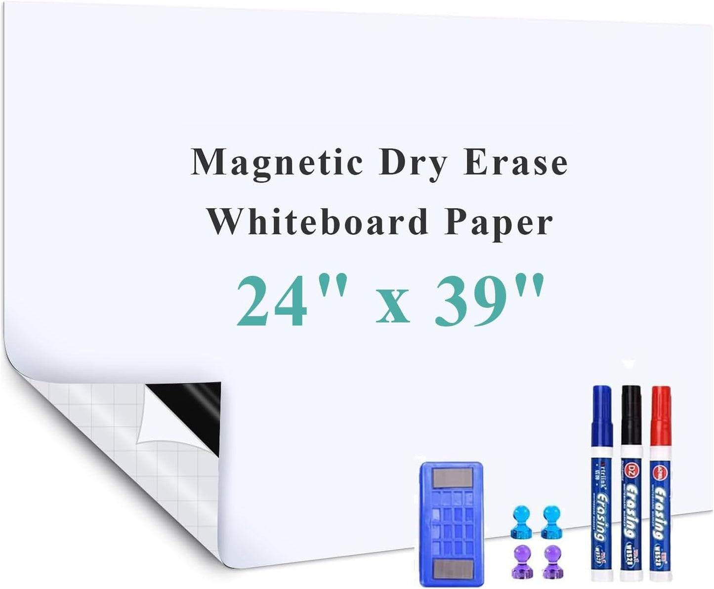 Magnetic Dry Erase Whiteboard Sticker, 24" x 39" Stick on Whiteboard for Wall, Dry Erase Board Peel and Stick for Kids, Office, Home, with Marker, Eraser and Magnets (Adhesive Backing)