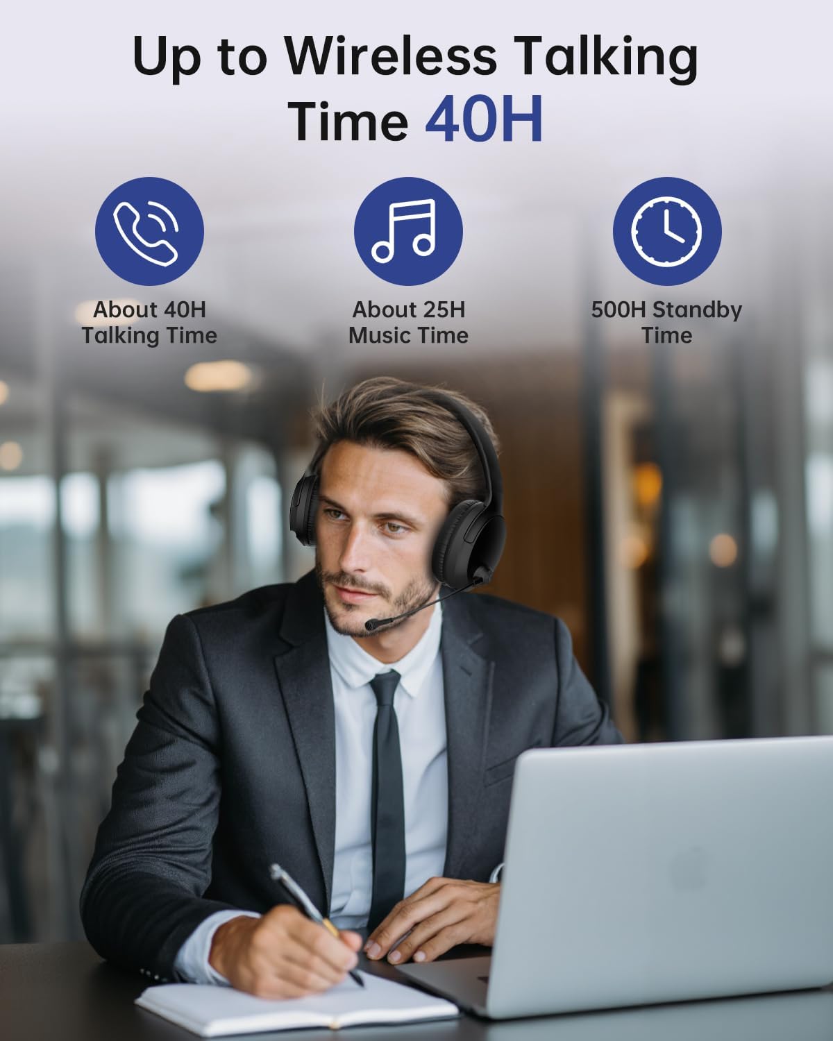 Wireless Headset with Mic for Work up to 40H Talk Time, Over-Ear Foldable Bluetooth Wireless Headset with AI Noise Cancelling Mic, Bluetooth V5.3 & USB Dongle & Mic Mute for Home Office (Black)