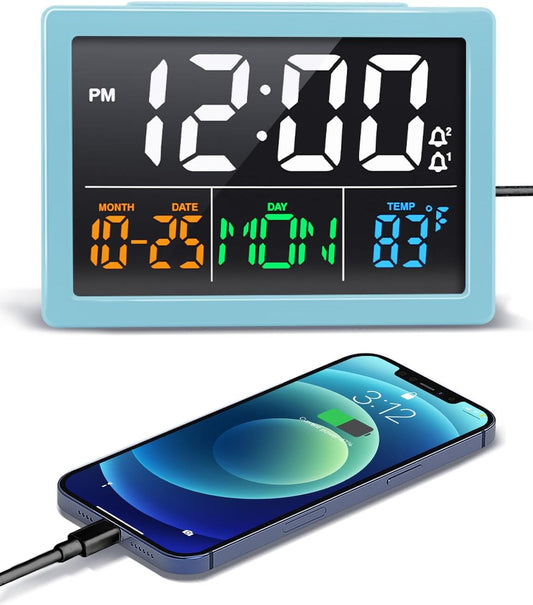 Digital Alarm Clock, with 5.5" Large LED Time Display, Adjustable Alarm Volume, 6 Level Brightness, Alarm Settings, USB Charger, Temperature Detect, Snooze, Clocks for Bedroom, Bedside, Desk, Blue