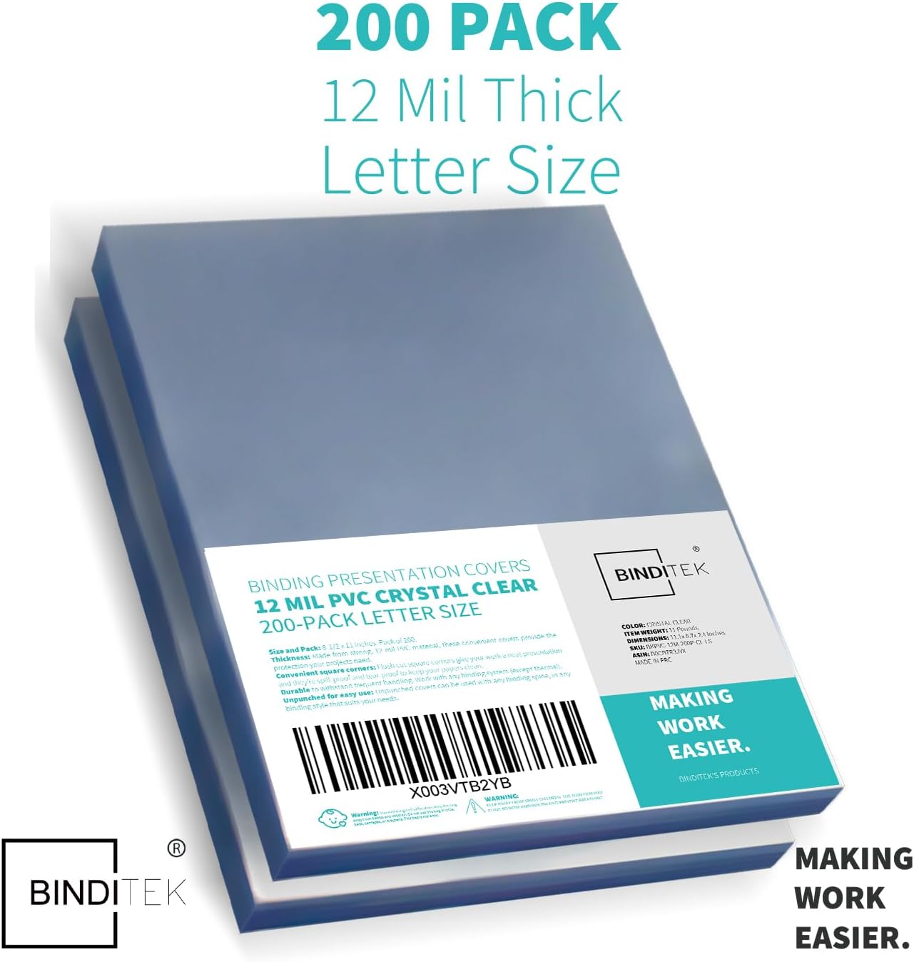 Binditek 200 Pack 12 Mil PVC Binding Report Covers, 8.5 x 11 Inches, Letter Size, Square Corners, Un-Punched, Office Supplies