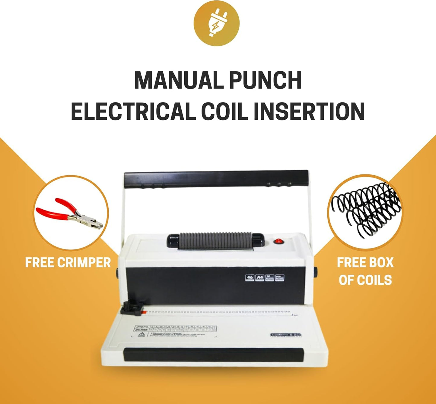 Coilbind S20 Spiral Coil Binding Machine for Office – Heavy Duty Hole Punch Electric Coil Inserter – Adjustable Margins – Clean Binding - Free Crimper Tool & 100 Coils – 4:1 Pitch – 20 Sheet Capacity