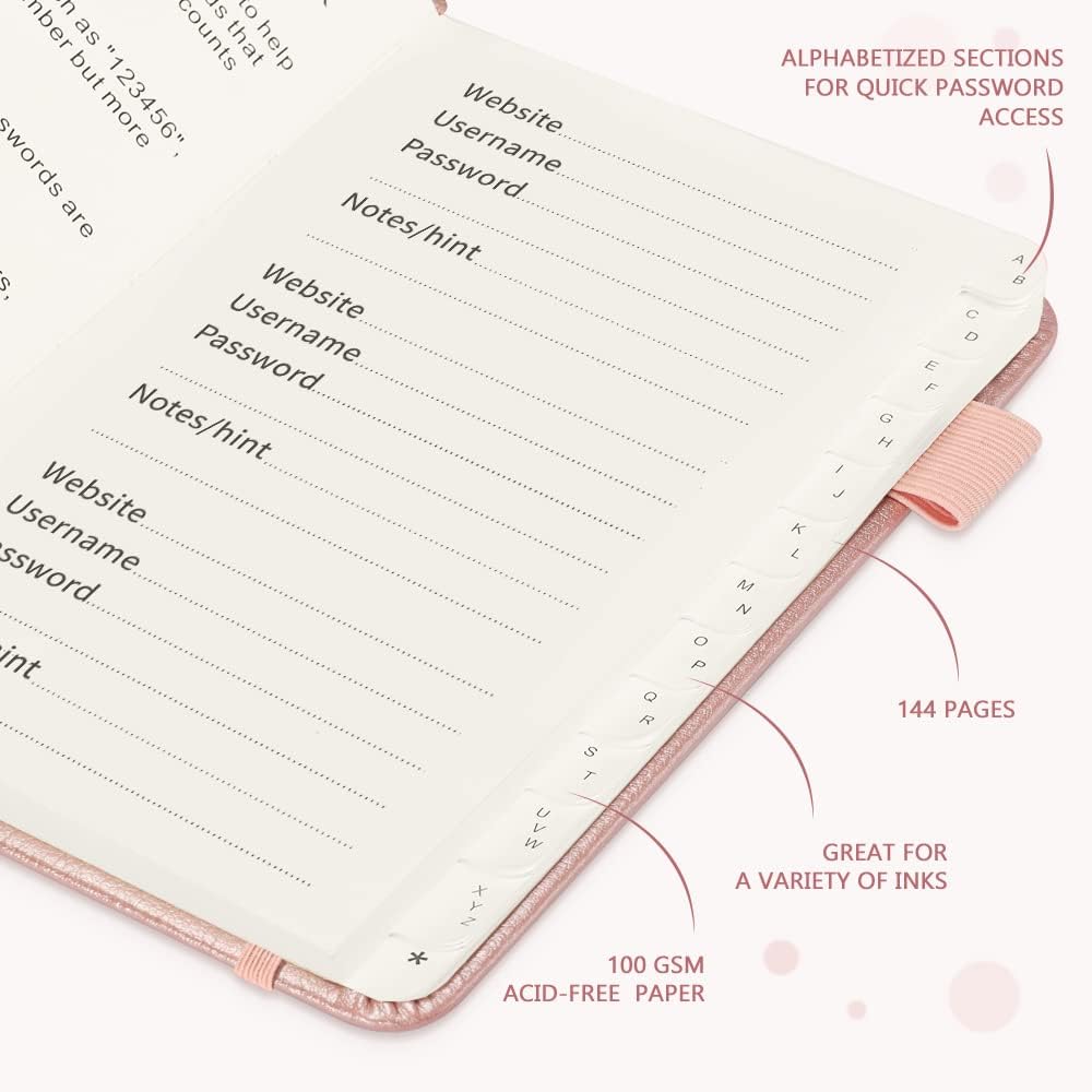 JUBTIC Password Book with Alphabetical Tabs, Small Size Internet Address & Password Keeper Logbook, Password Notebook Journal for Computer & Website Logins, Rose Gold