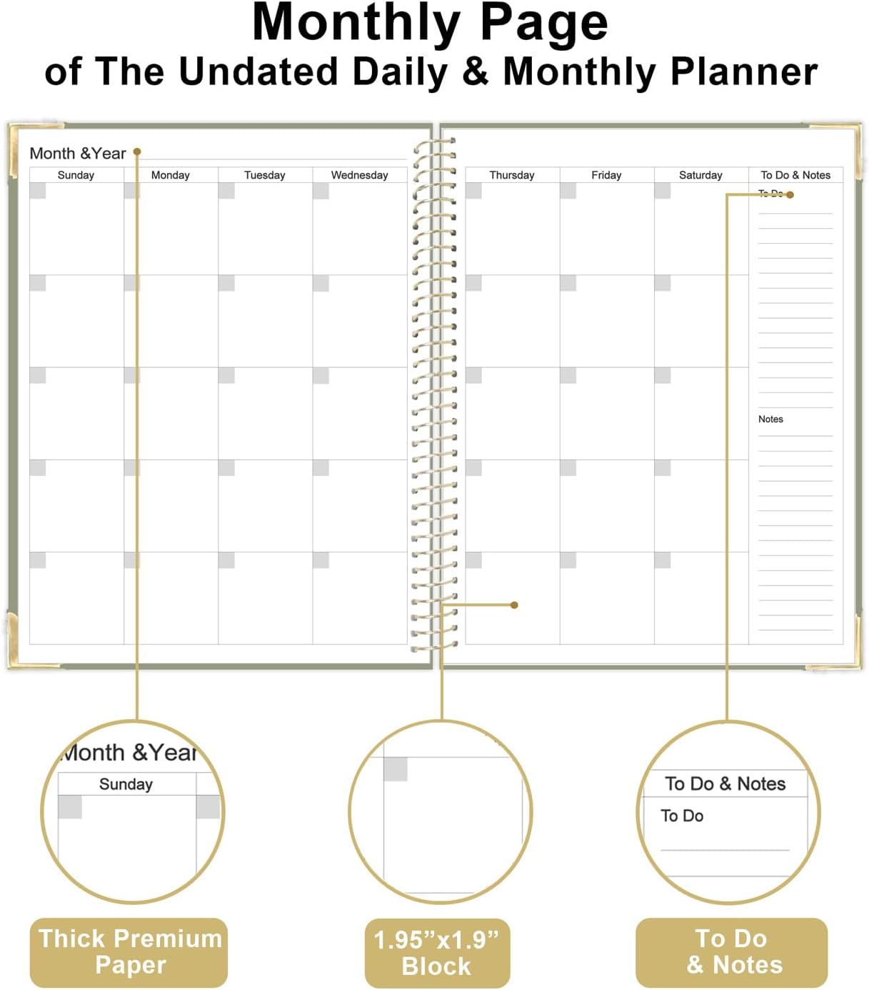 Undated Daily Monthly Planner for 2025 2026 - A4 To Do List with Hourly Schedule, Hardcover Spiral Bound Daily Planner to Increase Focus, Stylish School/Office Supplies, 8.5" x 11", Green