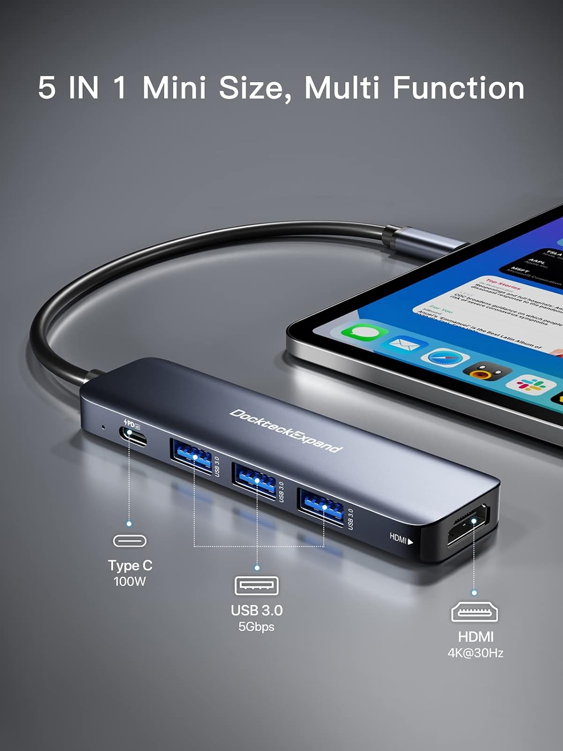 USB C HUB, DockteckExpand USB-C Multiport Adapter 5 in 1 with 4K HDMI, 100W Power Delivery, 3 USB 3.0 Data Ports for MacBook Pro/Air, iPad Pro/Air/Mini 6 and More