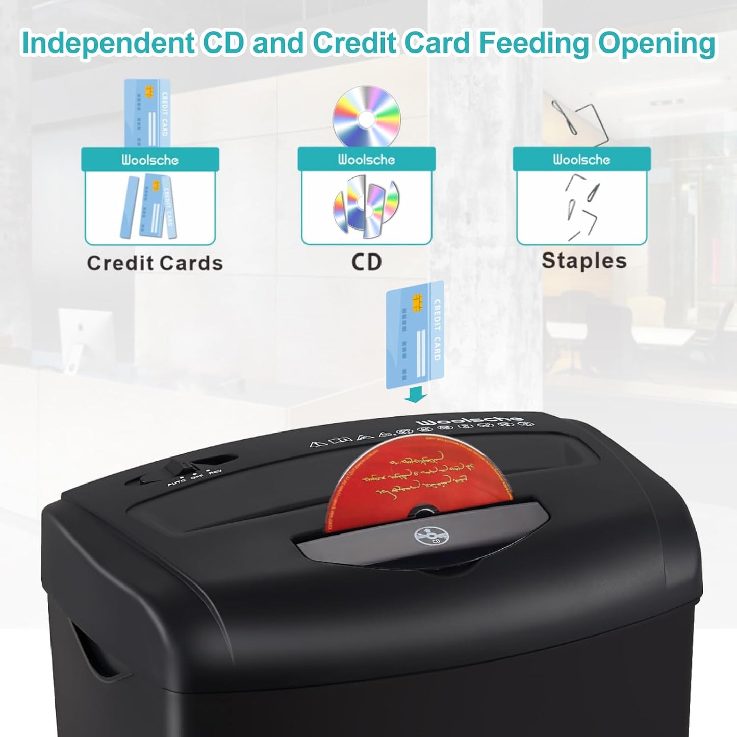 Woolsche 12-Sheet Cross Cut Paper Shredder with Large 5.55-Gallon Basket - P-4 Security, 3-Mode Shred for Cards/CDs/Staples/Clips - Jam Proof System for Office (ETL Certified)