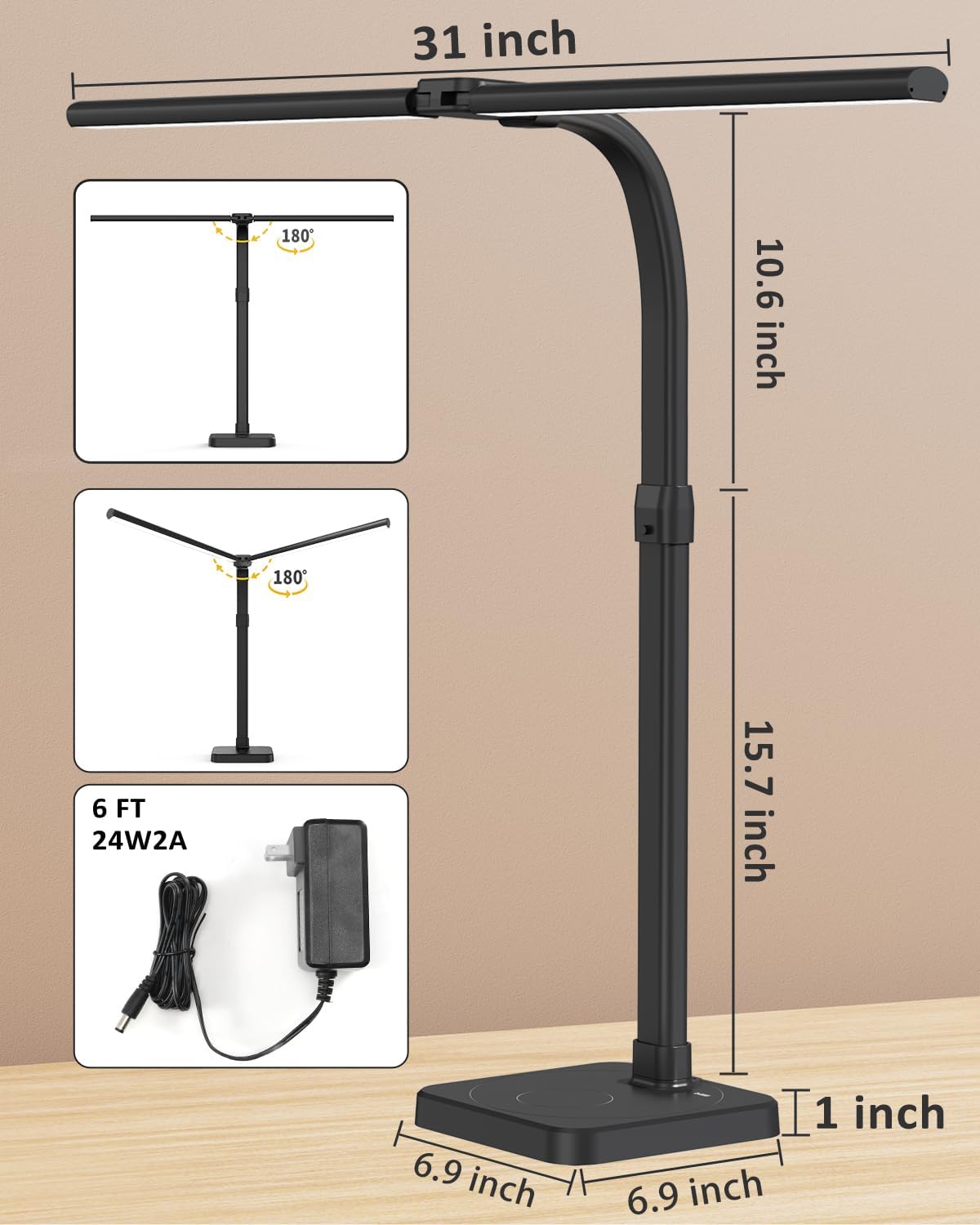 LED Desk Lamp for Home Office, Double Head 24W with Base, Architect Light 5 Lighting Brightness Flexible Gooseneck Table Reading Study, Black