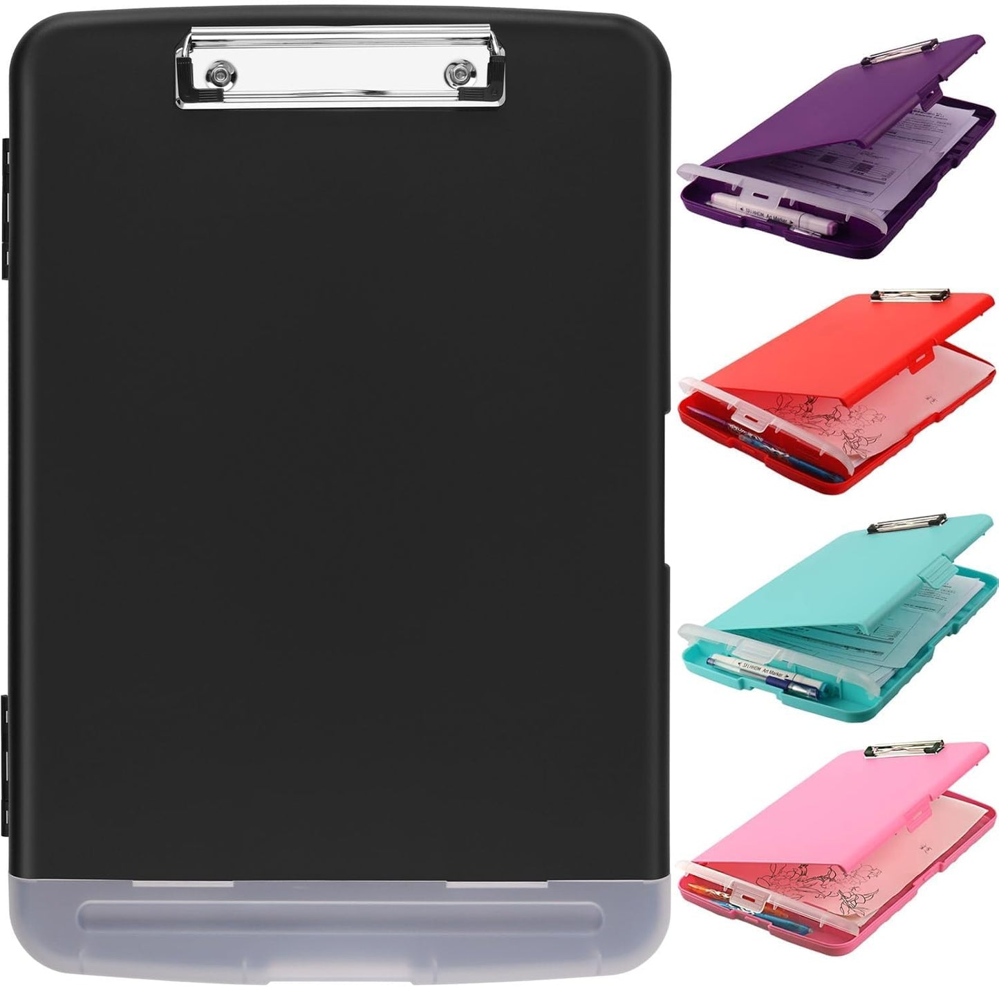 Clipboard with Storage,A4 Binder Clipboards with Pen Holder,Heavy Duty Plastic Storage Clipboard with Low Profile Clip,Nursing Clipboards Folder Side-Opening,Smooth Writing Clip Board for Office-Black