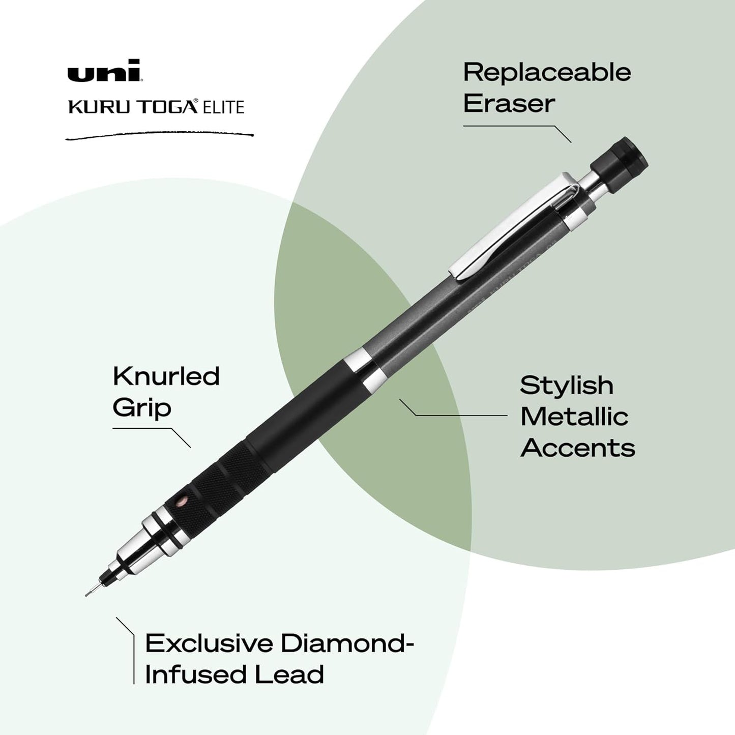 uniball Kuru Toga Elite Mechanical Pencil Starter Kit, 0.5mm, HB #2, Gun Metal Barrel, 1 Pack
