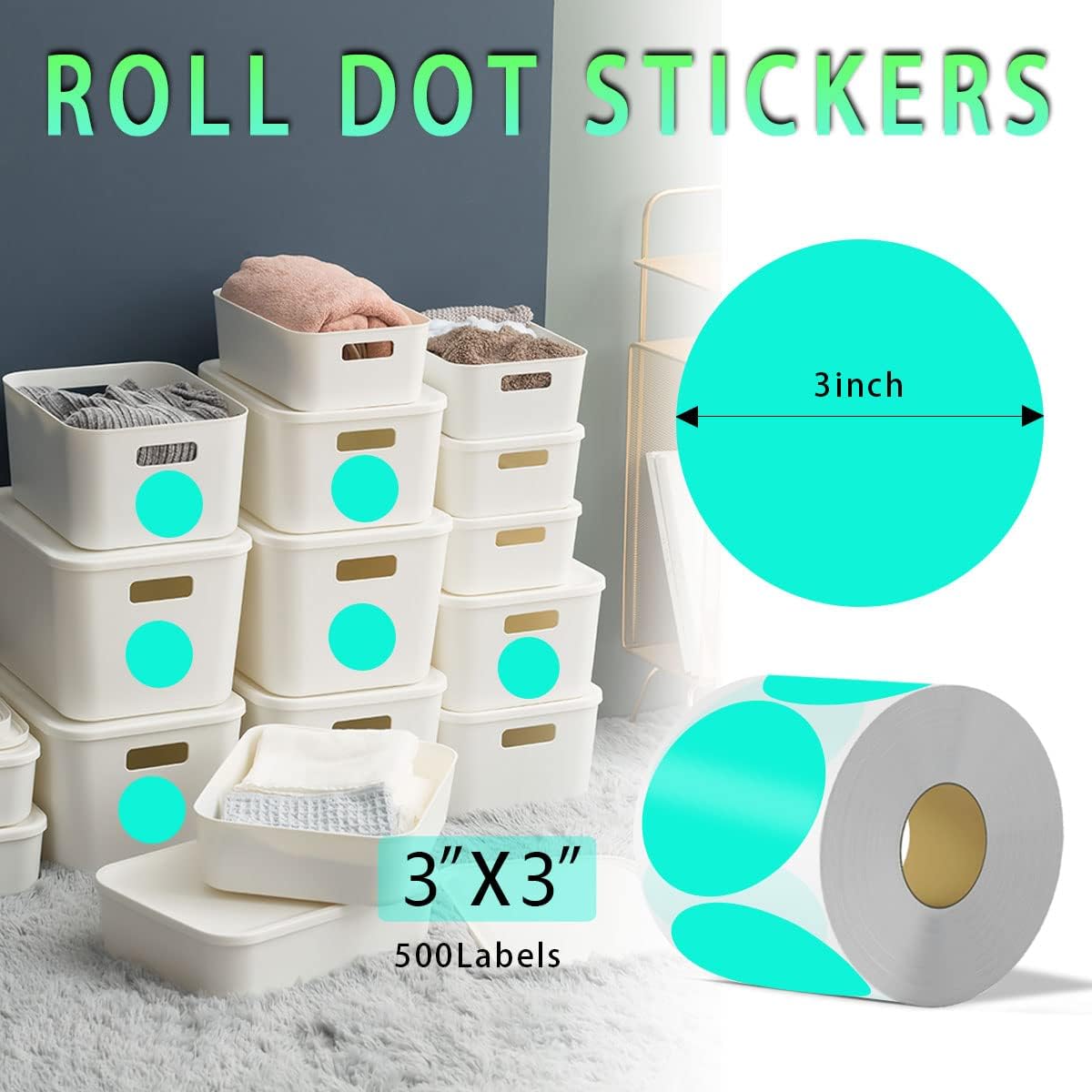 PARLAIM 3 Inch Round Permanent Adhesive Color Cod Dot Stickers,500 PCS Dispenser Box Roll dots Label Inventory Circle Stickers Aqua