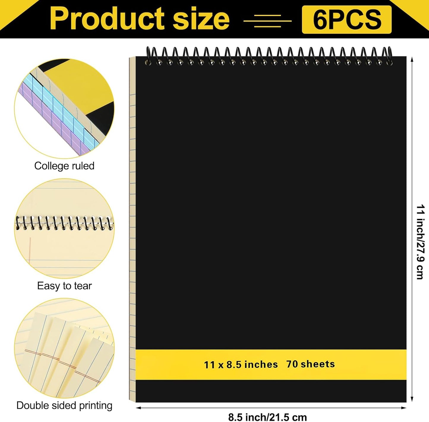 6 Pcs Legal Pad Top Spiral Bound Notebook 70 Sheets Wirebound Notepad Double Sided Ruled Memo Steno Pad with Stiff Back Cover for Business(8.5 x 11 Inches,No Holes,6 Colors)