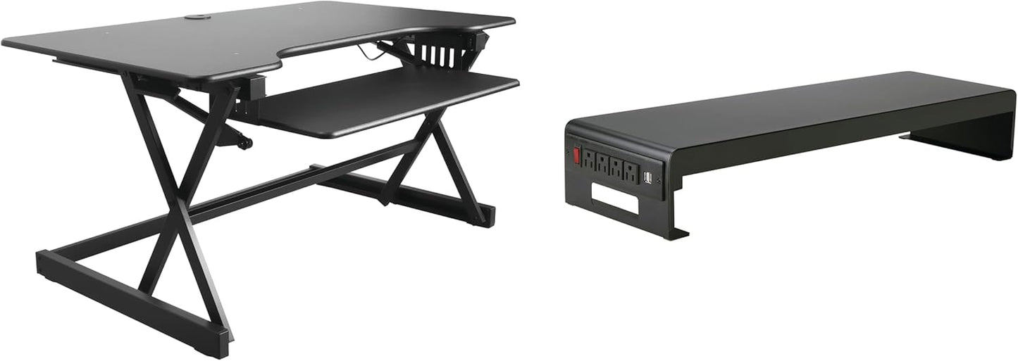 Rocelco 40" Height Adjustable Standing Desk Converter with AC Outlet USB Charger and Dual Monitor Stand - Tabletop Riser Computer Workstation - Sliding Keyboard Tray - Black (R DADRB-40-ACUSB-DMS)