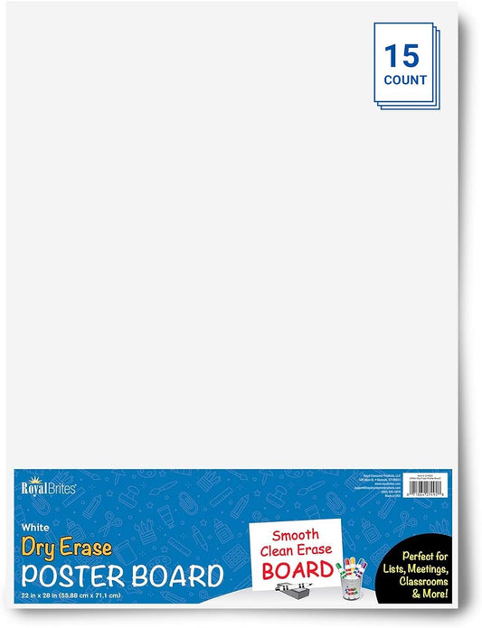 Royal Brites Dry Erase White Poster Board 22x28”, Lightweight & Ideal for Classrooms, Offices, Arts & Crafts, 2-Sided Premium 22x28 Poster Board White, Pack of 15