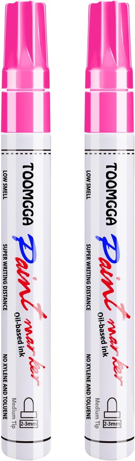 Pink Permanent Paint Pens - 2 Pack Oil Based Paint Markers for Rock Painting Car Tyre Metal, Plastic, Canvas, Mugs, Wood, Glass, Quick Drying and Waterproof, Medium Point