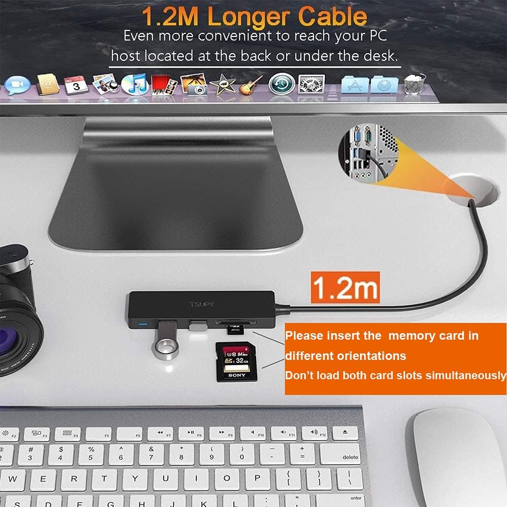 USB Hub 3.0 Splitter, TSUPY USB 3.0 Hub Multi USB Adapter Port Expander with 4ft Cable, SD/TF Card Reader & 3 USB 3.0 Ports Compatible for PC, Laptops, Surface Pro, MacBook, iMac Pro