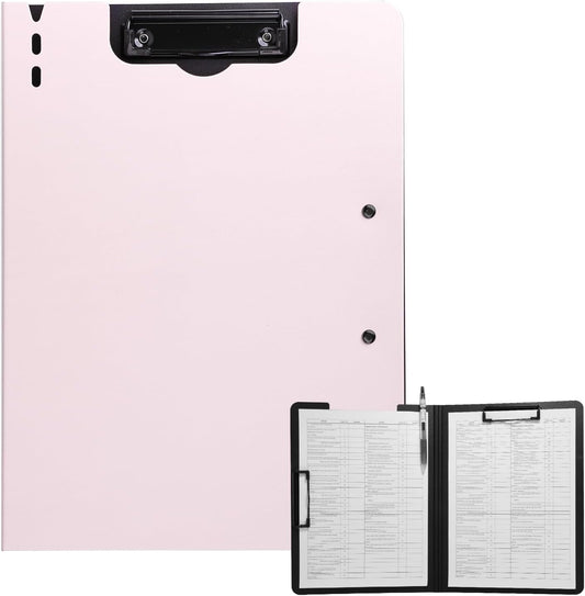 Clipboard Folder, A4 Foldable Clipboard with Horizontal and Vertical Double Metal Clips, 360 Degree Foldable Binder Clipboards with Pen Holder, File Cover Work Folder Clipboards, Pink