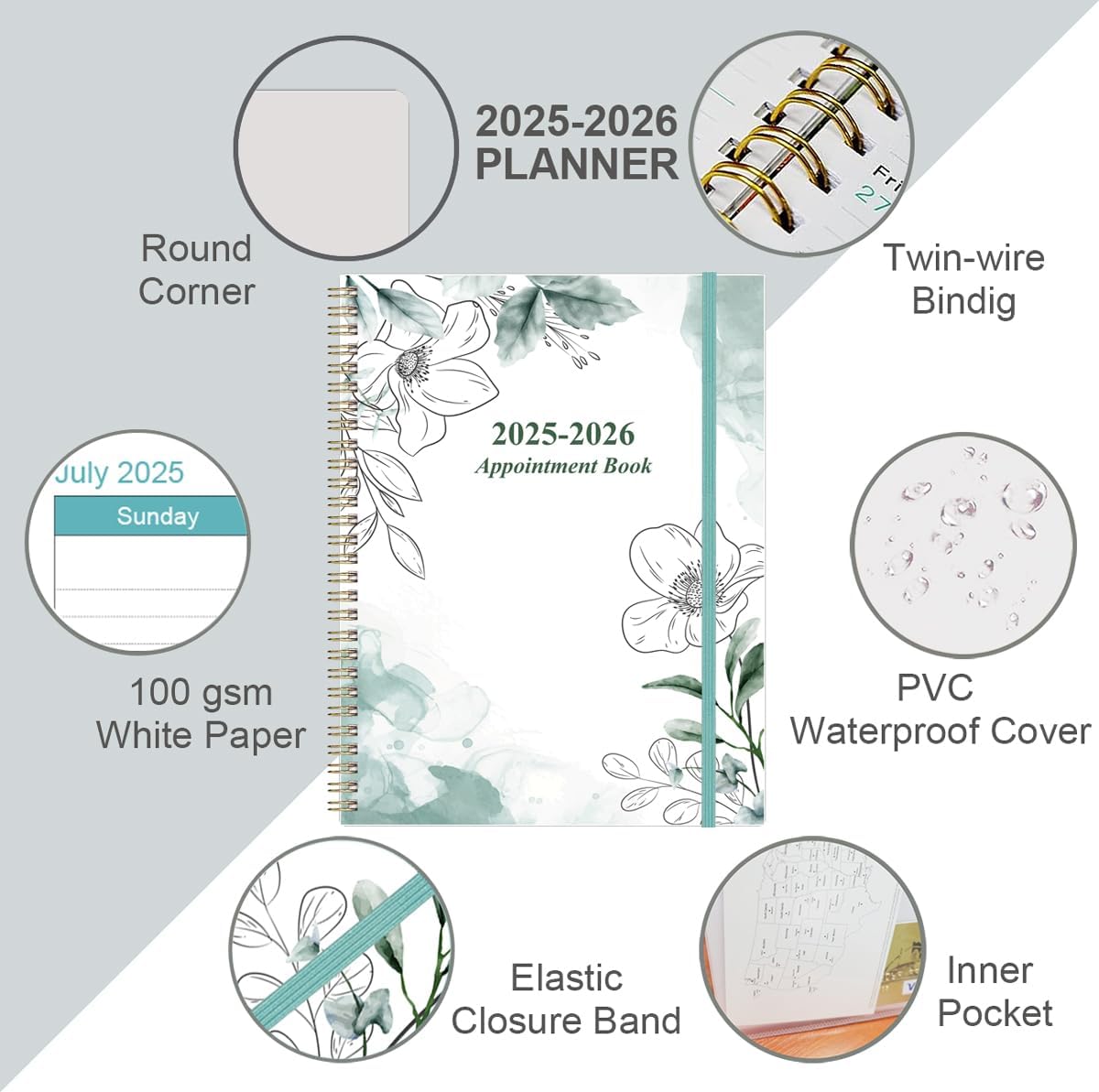 2025-2026 Appointment Book & Planner - 8.5" x 11" Daily Hourly Planner 2025 from July 2025 - June 2026, Weekly Appointment Book with 30-Minute Interval, Teal Flowers