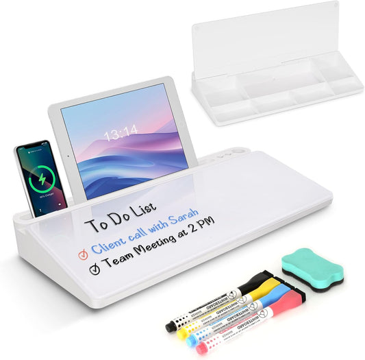 Desktop Glass Whiteboard with Storage, Desk White Board with Computer Keyboard Stand, White Dry Erase Board with Drawers for Home, School, Office Desk Organizers and Accessories