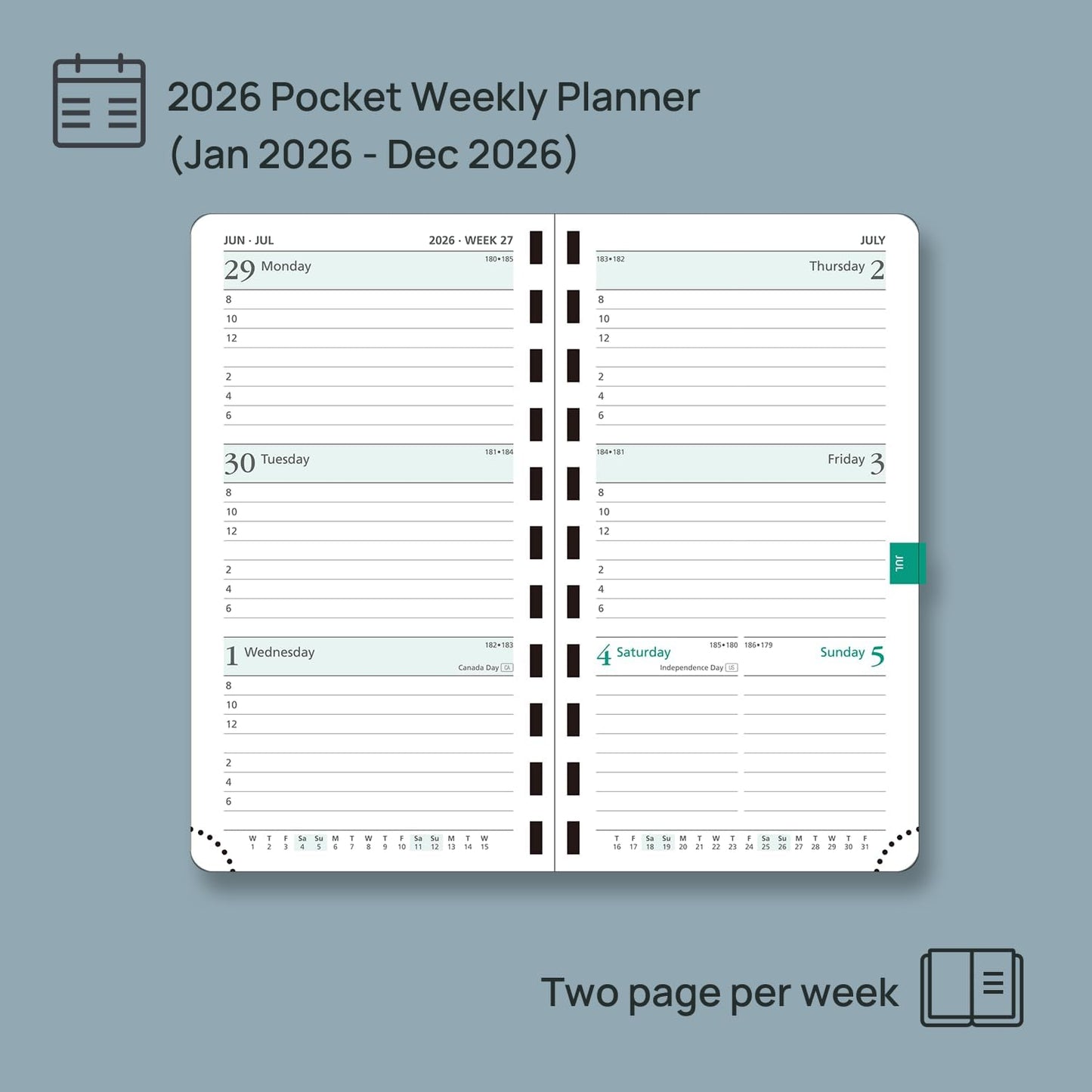 POPRUN 2026 Pocket Planner (Slim Size 3.5" x 6.5") Weekly and Monthly Calendar for Purse, with Hourly Time Slots, 100GSM Thick Paper, Spiral Soft Cover, Pen Holder - Brown