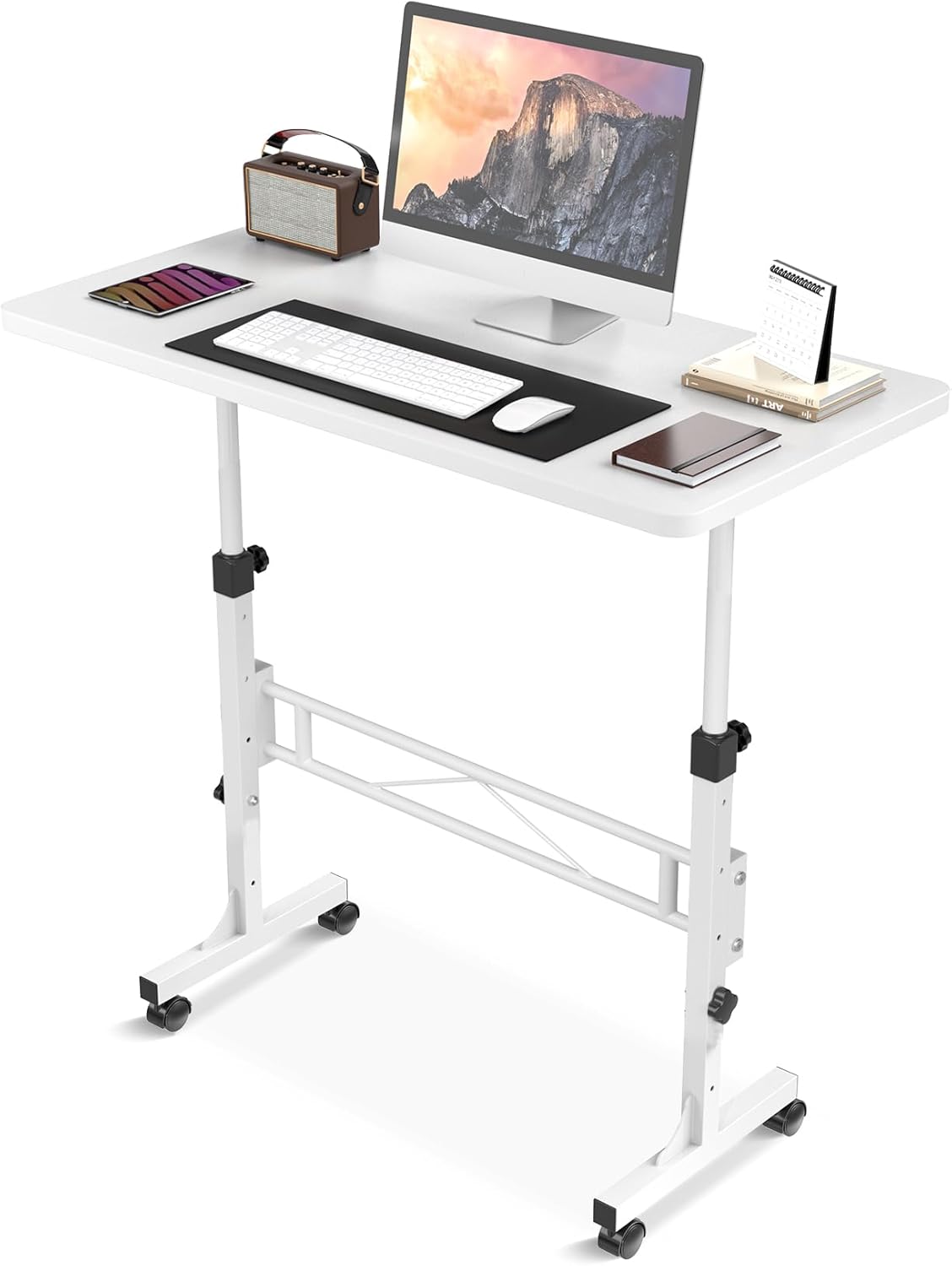 Small Standing Desk Adjustable Height, Mobile Stand Up Desk with Wheels, 32 Inch Portable Rolling Desks Computer Office Workstations for Walking Pad Treadmill White