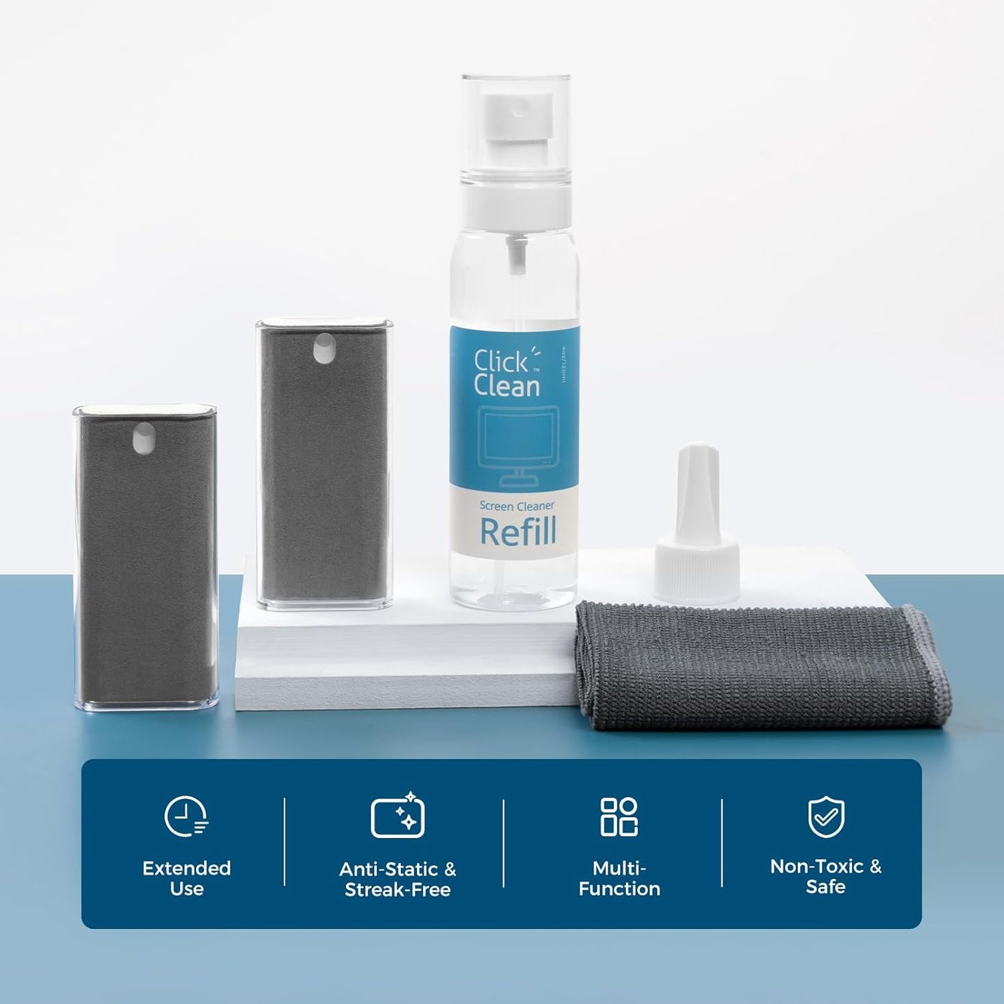 Click Clean Screen Cleaner Kits - 2 All-in-One Mist Cleaner with 4 oz Refill, 1 Microfiber Cloth(7.8 x 7.8in), 1 Mini Funnel, and 1 Sprayer - for All Phones, Laptop and Tablet Screens