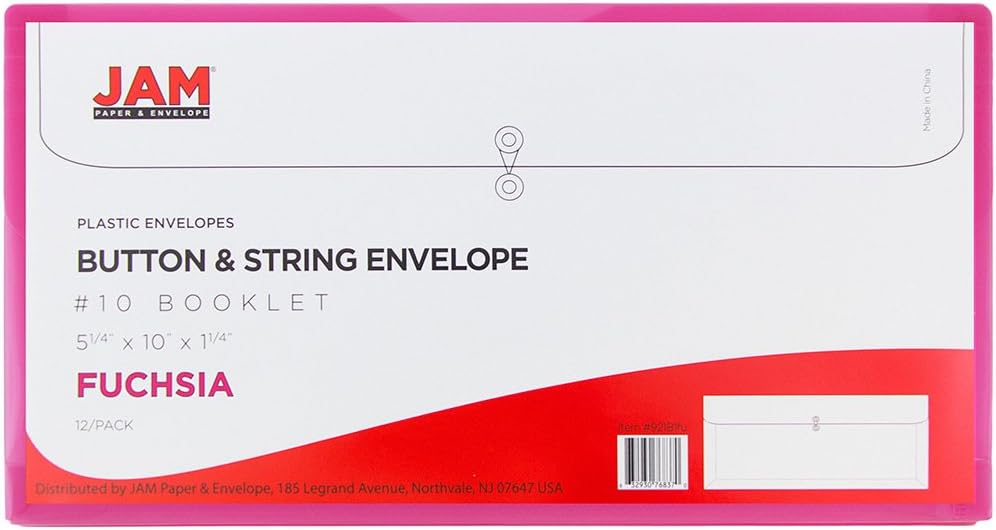 JAM PAPER Plastic Envelopes with Button & String Tie Closure - #10 Business Booklet - 5 1/4 x 10 - Fuchsia Pink - 12/Pack
