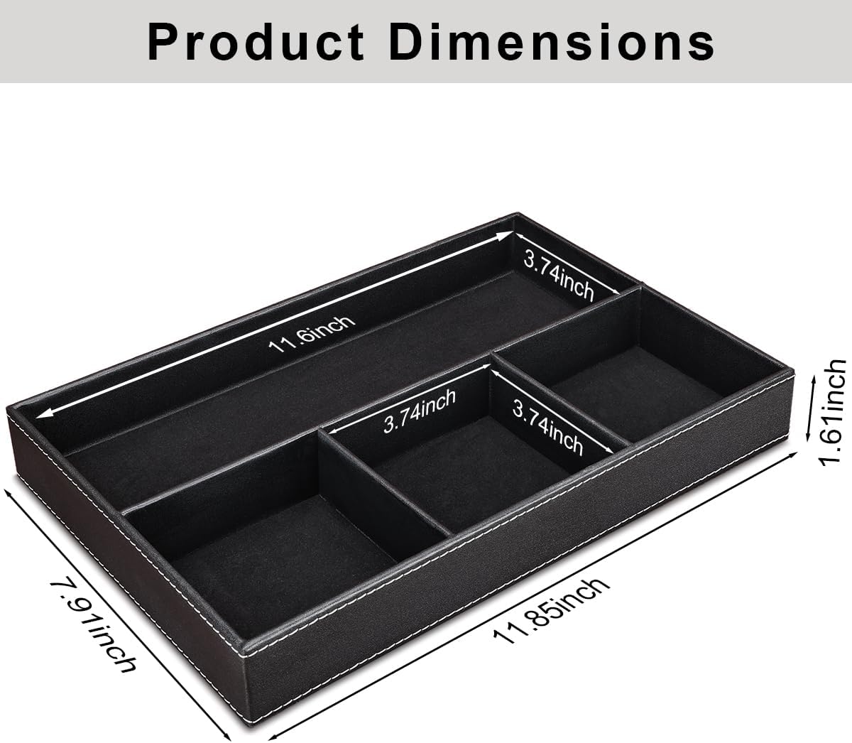 KINGFOM Pu Leather Desk Organizer Tray, 4 Compartment Office Storage Supplies Stationery Drawer Tray, Nightstand Bedside Tray for Key, Wallet, Sunglass, Watch, Coin, Phone Valet Tray Stackable Black