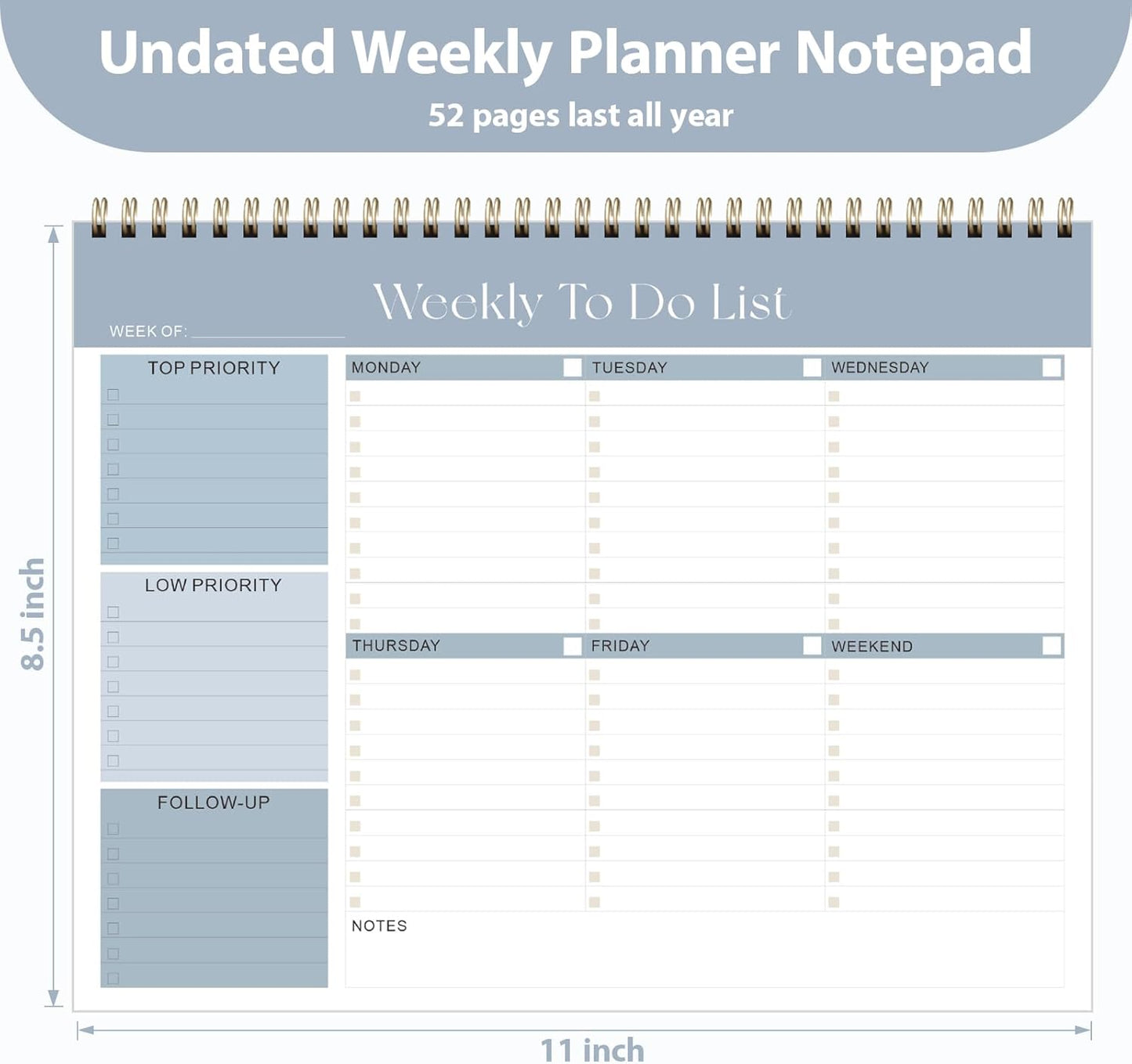Weekly To Do List Notepad, Undated Planner with 52 Sheets (8.5''x11''), Desk Weekly Planner for Women & Man, Home School & Work