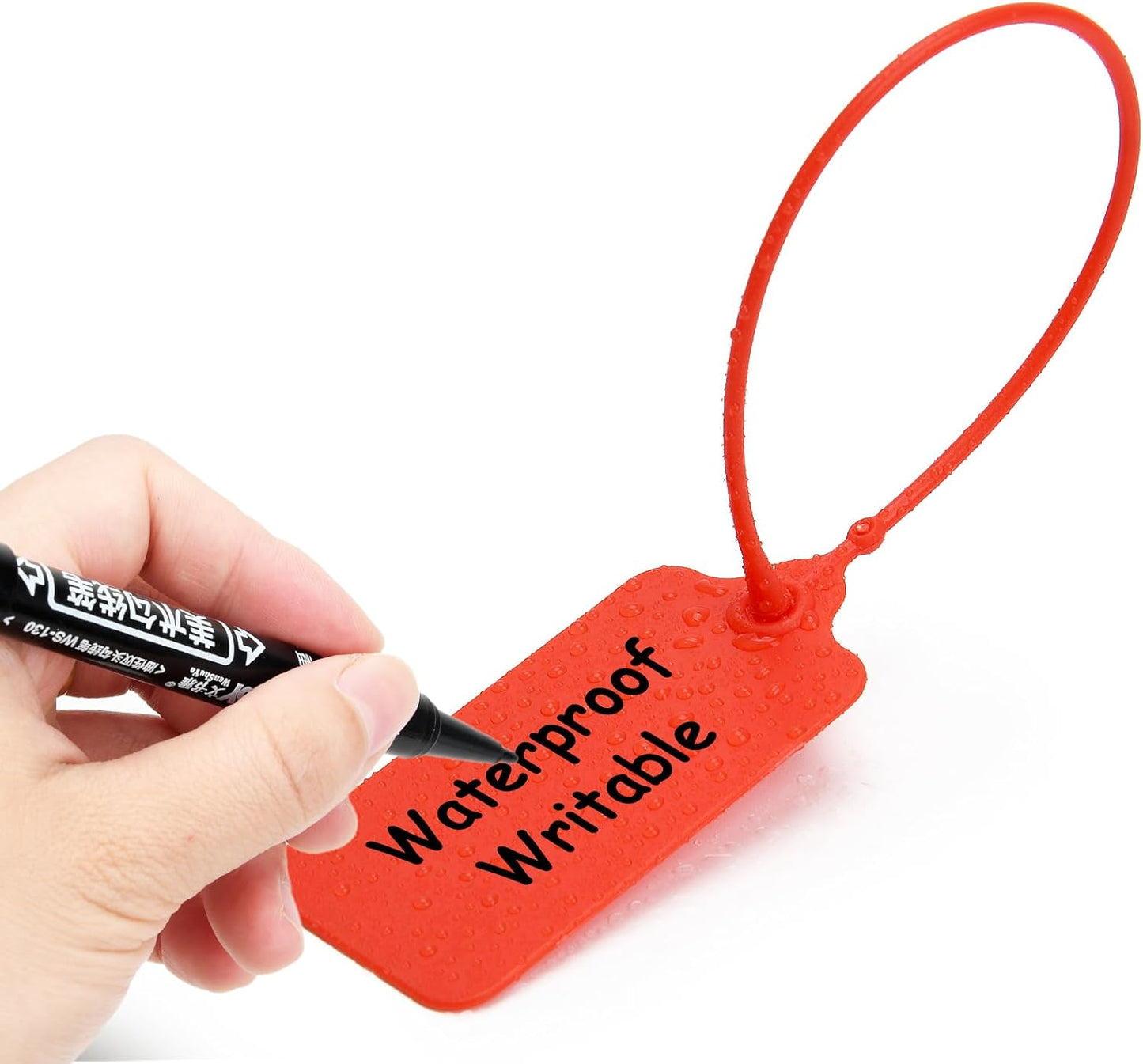 50 Red Blank Plastic Tags for Labeling Waterproof Hanging Labels Writable Tags Seal Plastic Marking Label for Clothes Bags Keys Inventory with One Marker Pen