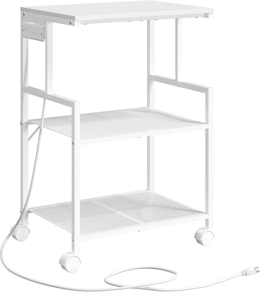 Mobile Printer Stand, 3-Tier Industrial Printer Cart with 2 AC Outlets and 2 USB Ports, Rolling Printer Table on Wheels for Home Offices Kitchen Organization Rack, White PTWT78E01