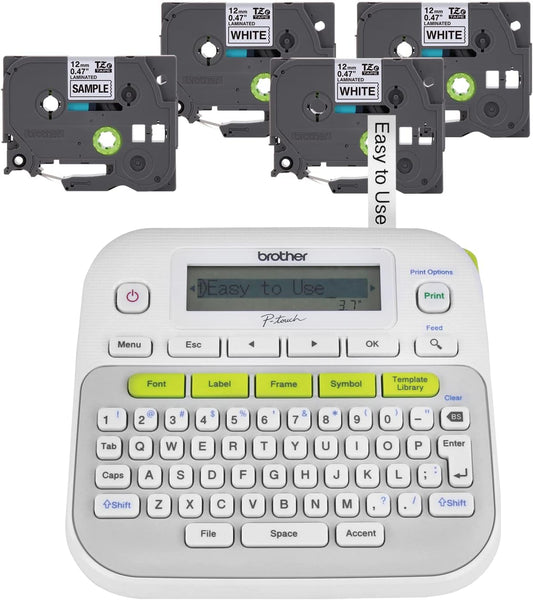 Brother P-Touch, PTD210, Easy-to-Use Label Maker Bundle (4 Label Tapes Included), White, Small