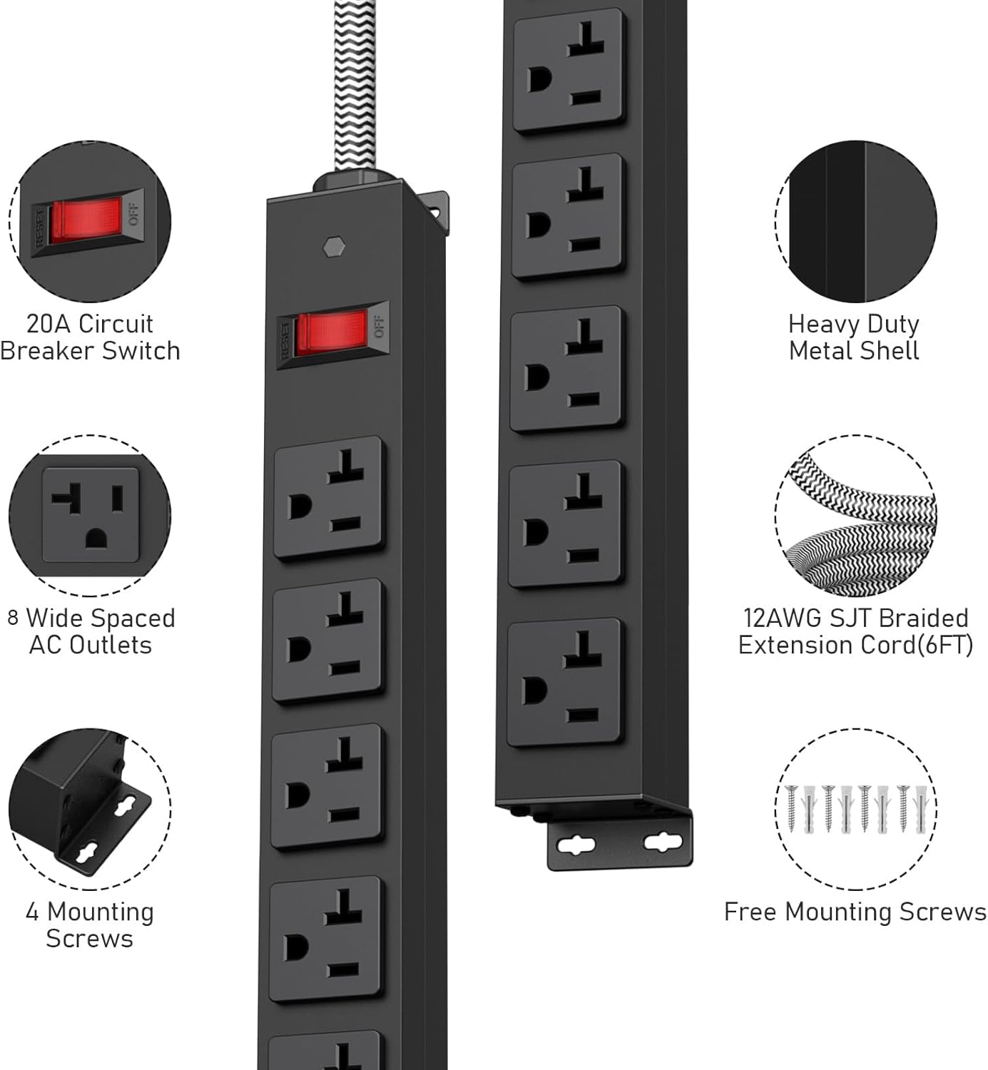 HEZI 20 Amp Power Strip Surge Protector 1200J, Metal 8 Outlets Heavy Duty 20amp, 10Ft 12 Gauge Extension Cord for Appliance Workbench Garage Industrial, Combine with T-Plug Adapter,5-20R T-Slot