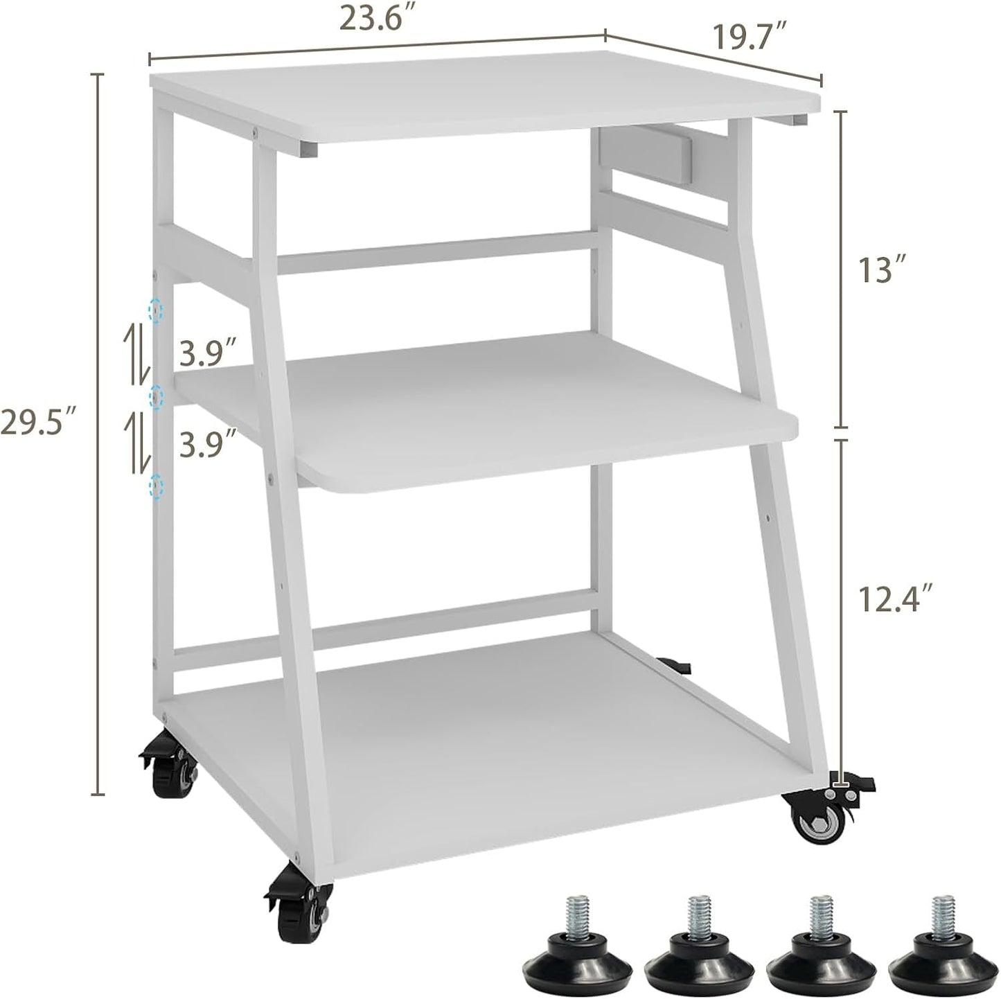 Natwind 23.6"x19.7" Large Printer Stand,3 Tier Printer Table with Charging Station, Rolling Cart with Adjustable Storage Shelf for Home Office Organization, Stand for Heat Press,3D Printer (White)