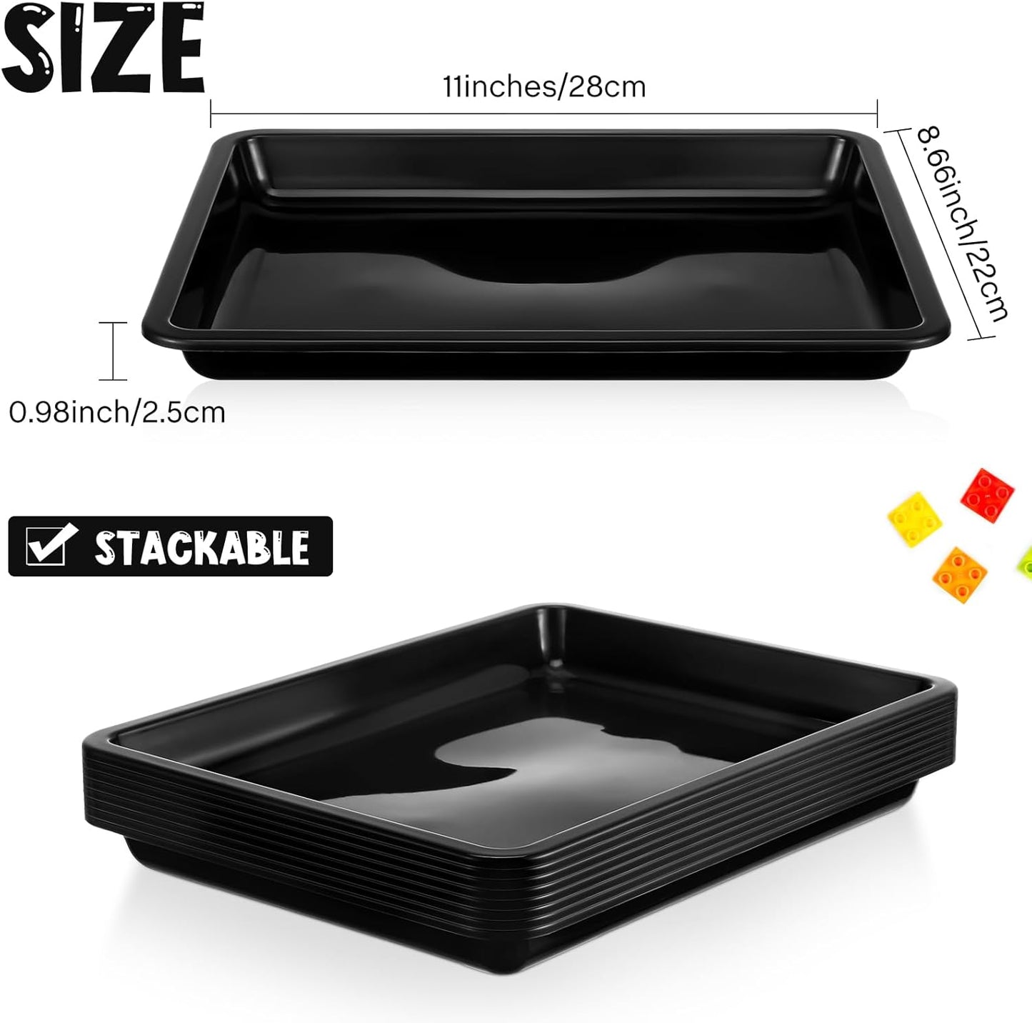 Maitys 24 Pcs Plastic Art Trays 11 x 8.7 x 1 Inch Activity Craft Tray Organizer Serving Tray Stackable Storage Sand Trays for School Painting Beads Crafts DIY Projects(Black)