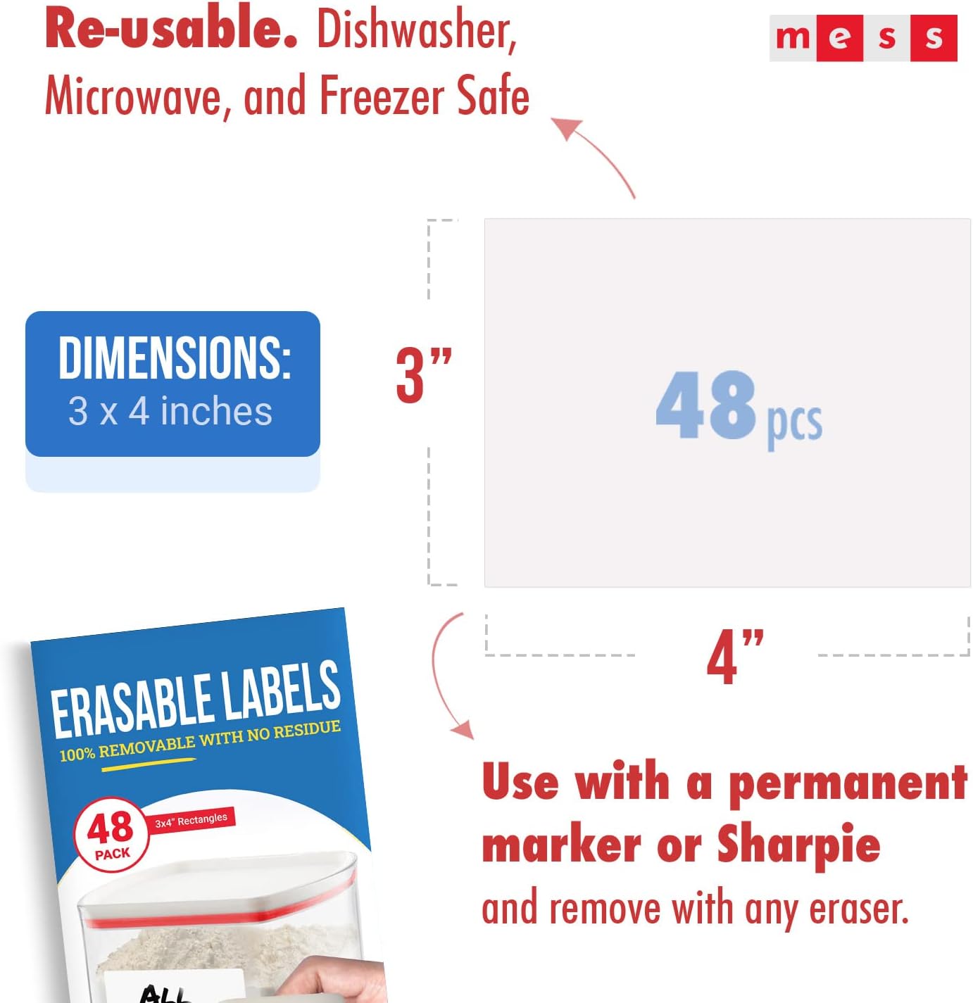 MESS Reusable Kitchen Labels – White Dry Erase, 3x4 in, 48-Pack – Erasable Organizing Stickers for Fridge & Freezer